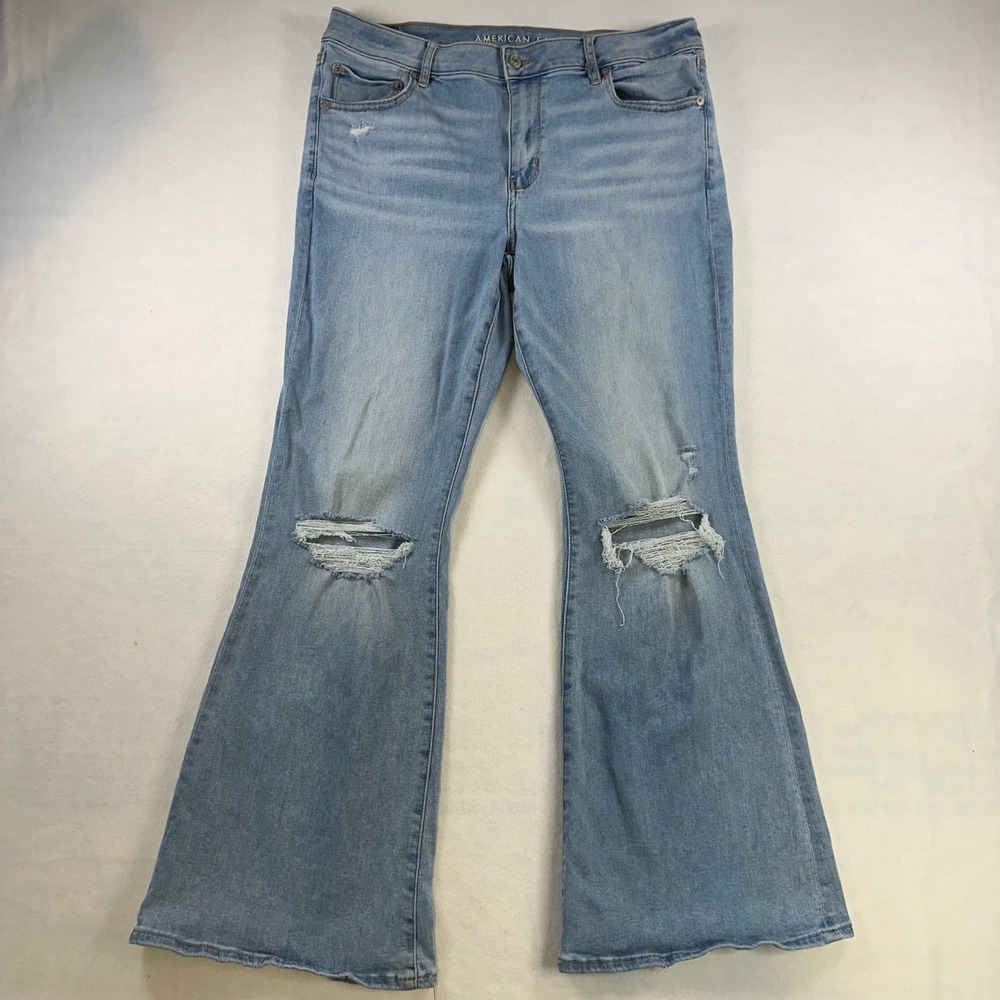 American Eagle Next Level Stretch Flare Jeans Light Wash Distressed Womens 14